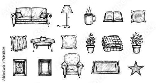 Hand drawn vintage home interior elements: furniture, decor, and plants