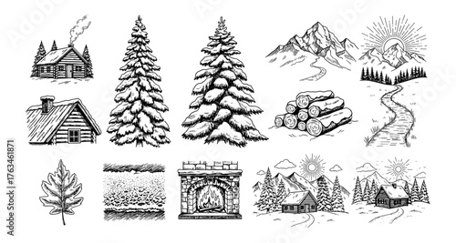 Rustic winter scenes with mountains, cabins, and forests in vintage sketch style