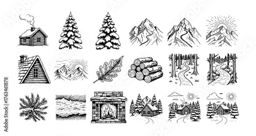 Black and white winter landscape drawings with mountains and cabins