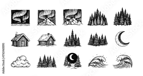 Hand drawn forest and weather elements: cabin, trees, moon, cloud, waves