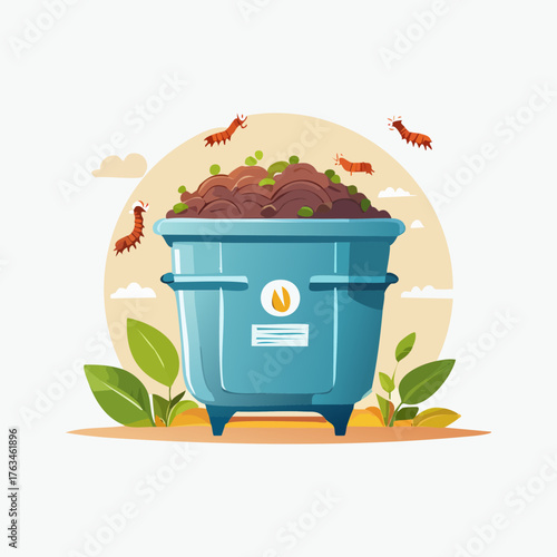 Overflowing blue dumpster with worms and organic waste.