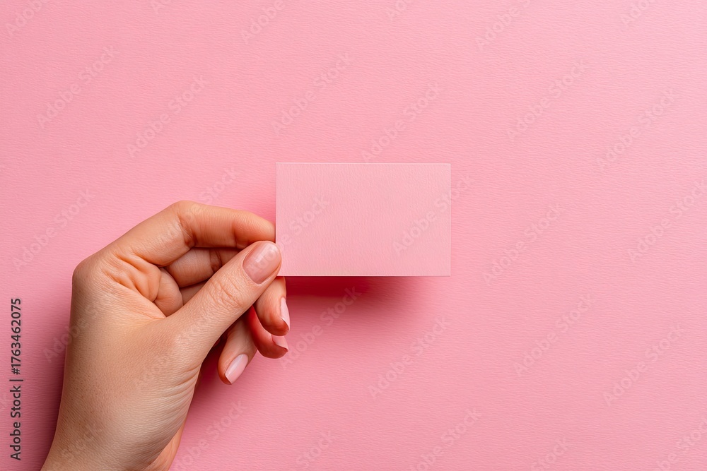 Obraz premium A person?s hand holds a rectangular pink card against a matching solid background