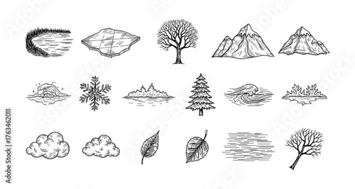 Hand-drawn nature elements collection featuring trees, mountains, clouds, and waves illustrations