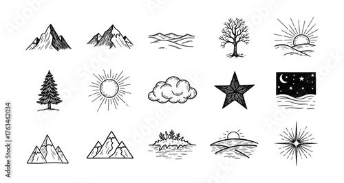 Hand drawn nature icons featuring mountains, trees, sun, and clouds in vintage style