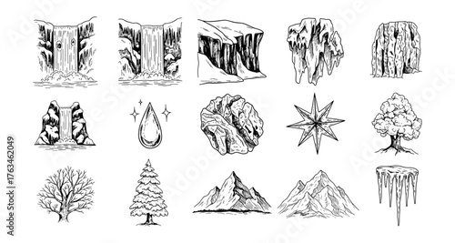 Hand-drawn nature elements: waterfalls, trees, and mountains in black and white