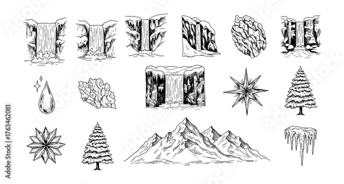 Hand drawn nature elements featuring waterfalls, mountains, and trees in detailed black and white sketch style
