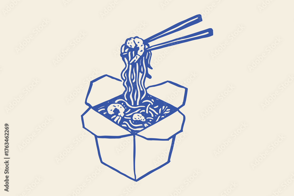 Obraz premium Wok noodles with shrimp minimalist sketch vector illustration