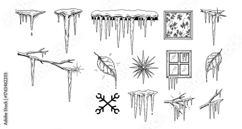 Winter elements collection: icicles, snowflakes, and frosty branches in black and white