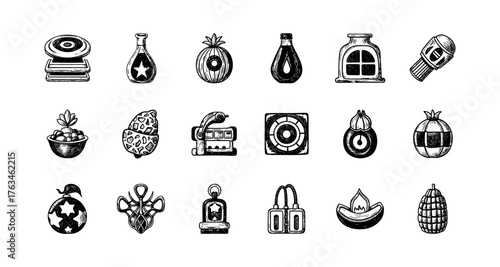 Hand-drawn potion collection with magical ingredients and bottles