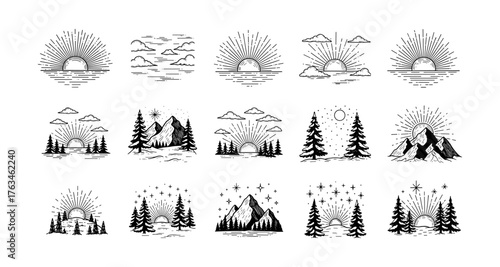Minimalist sun and mountain scenes with trees and clouds