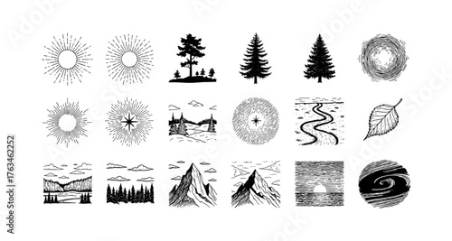Hand drawn nature elements collection with trees, sunburst, and landscape scenes
