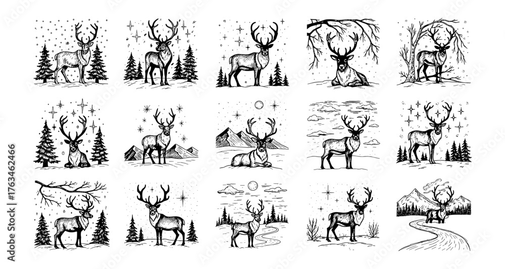Naklejka premium Hand drawn deer in winter forest: elegant vintage nature art collection