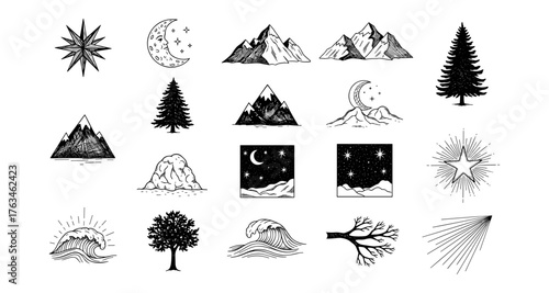 Hand drawn celestial elements with mountains and trees in black and white