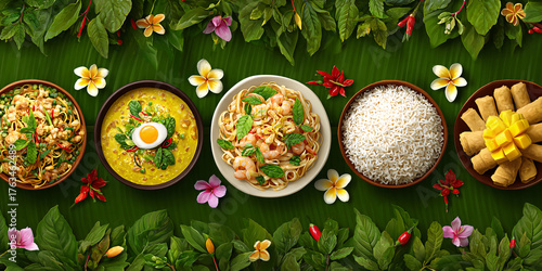 Delicious Thai Cuisine featuring Shrimp Noodles, Yellow Curry, Rice, and Mango Sticky Rice on a Banana Leaf Concept of Southeast Asian Food and Culinary Delights