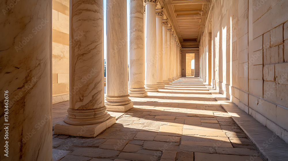 Fototapeta premium A serene pathway framed by elegant marble columns, bathed in sunlight, creating an inviting and timeless atmosphere. The corridor exudes classical beauty and architectural harmony.