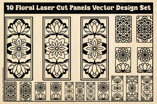 Floral Laser Cut Panel Vector Set with Lotus Motifs on Wood Background
