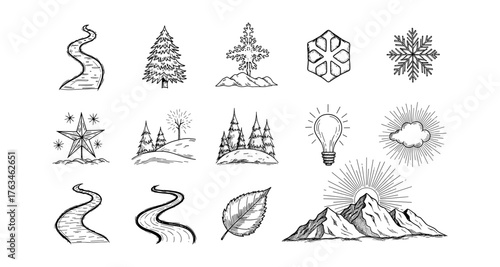 Hand drawn winter elements collection featuring trees, snowflakes, and scenic landscapes