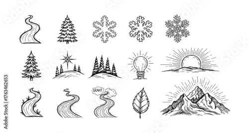 Hand drawn winter elements featuring trees, snowflakes, winding roads, and mountain scenes