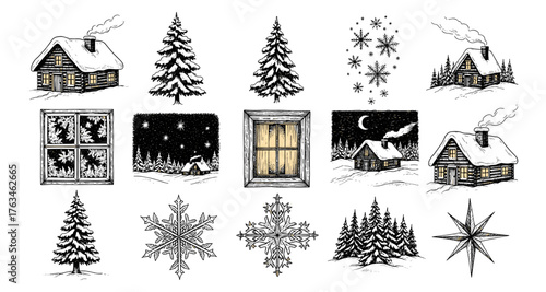 Rustic winter cabin scene with snowflakes and pine trees for holiday decor