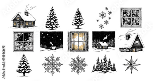 Cozy winter cabin collection with snowy scenes, pine trees, snowflakes, and frosted windows
