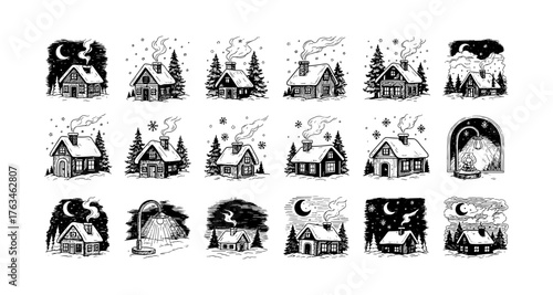 Rustic winter cabins under snowy night sky with moon and trees