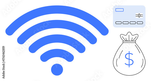 wireless signal, credit card, and money bag highlight wireless connectivity, online payments, and financial exchange. Ideal for ecommerce, fintech, connectivity, finance banking technology simple