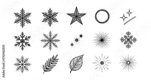 Hand drawn winter icons: snowflakes, leaves, stars, and frames in rustic style