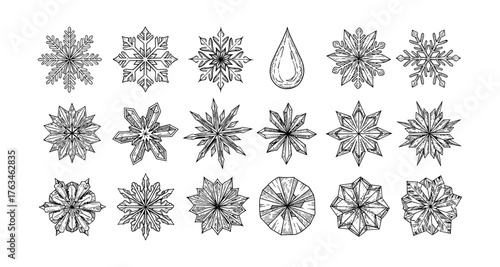 Intricate hand drawn snowflake collection with geometric designs for winter decor