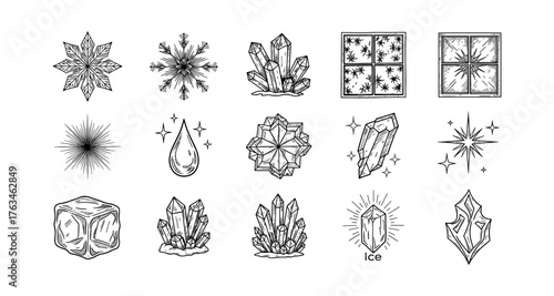 Set of hand drawn crystal and snowflake elements for winter design