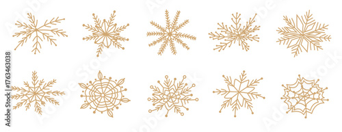 Golden snowflakes on a blue background in doodle style. Hand-drawn vector illustration of snowflakes. Festive frosty elements in a minimalist style. Snowflake icons, snow symbol. Snow