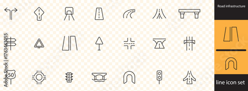 Road infrastructure line editable icon set. Editable stroke. Vector illustration