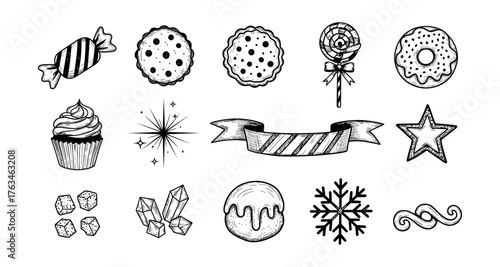 Hand drawn confectionery doodles with sweets and desserts