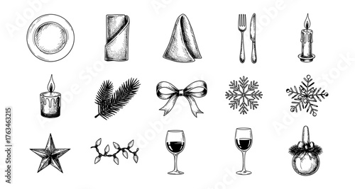 Elegant holiday dinner elements: hand-drawn festive tableware and decorations