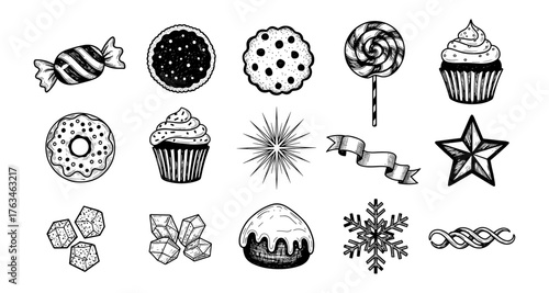 Hand drawn sweets and treats collection featuring candy, cookies, and desserts