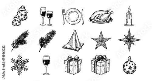 Festive winter holiday icons in hand drawn style featuring christmas decorations and table settings