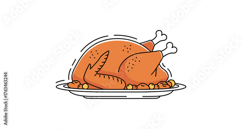Delicious roast turkey on platter with vegetables in simple outline style