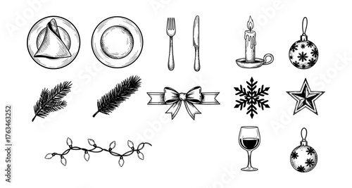Hand drawn holiday icons: festive decor, dining, and christmas elements