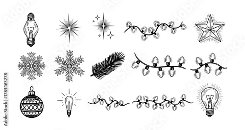 Hand drawn christmas decorations collection with festive elements and magical lights