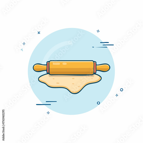 Rolling pin flattening dough on a light blue background, cooking concept.