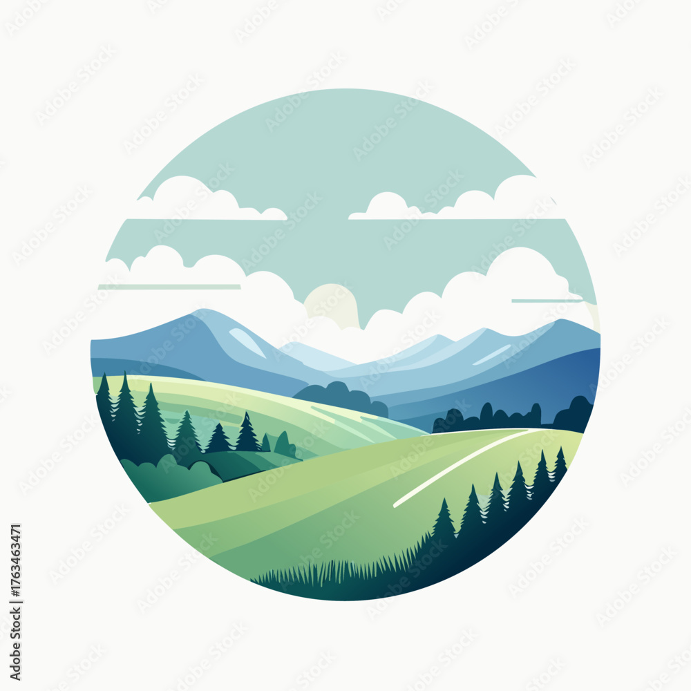 Obraz premium Scenic Mountain Landscape Illustration in Circular Frame.