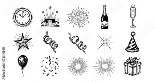 New year celebration sketch: fireworks, champagne, gifts, party hats, and clocks