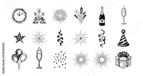 Festive new year celebration elements with fireworks, champagne, confetti, and party decorations in retro style