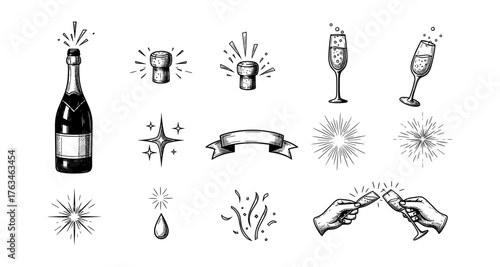 Elegant celebration elements: champagne, sparklers, toasting glasses, and decorative symbols