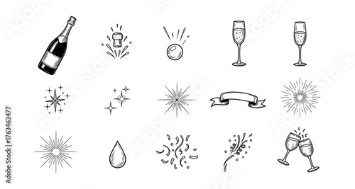 Hand drawn celebration elements with champagne and confetti for festive designs