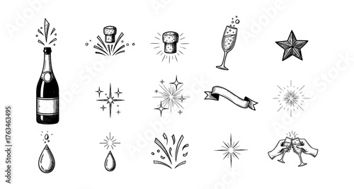 Celebration elements: champagne, sparklers, and festive icons in hand-drawn style
