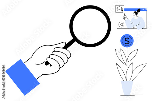 Hand holding magnifying glass examining concepts of growth, finance, learning, and communication. Ideal for business, research, education, financial analysis, growth strategy customer service