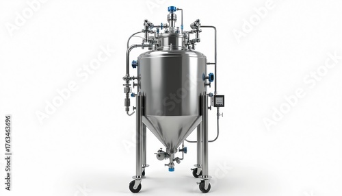Shiny stainless steel industrial mixing tank with pipes, valves. Processing equipment conical bottom, stands on wheels, ready for use in food, chemical manufacturing. Offers hygiene, efficiency in