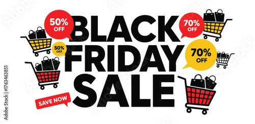 Black friday sale with shopping carts and discount bubbles