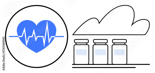 Blue heartbeat inside a circle with three vaccine bottles under a cloud shape. Ideal for healthcare, telemedicine, medical innovation, data security, cloud storage, health technology, simple flat