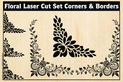 Floral Laser Cut Vector Set with Corner, Border and Triangular Motifs on Wood Background